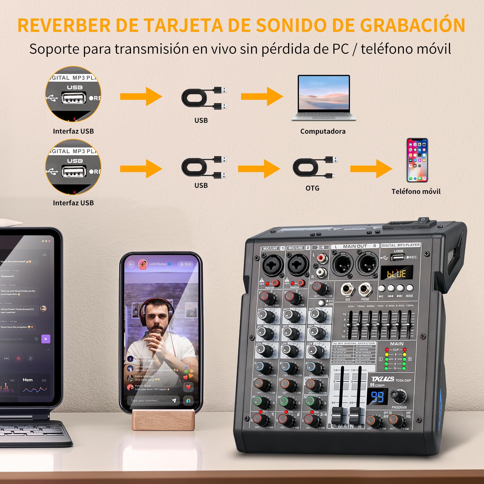 Mezclador de Audio TKLBLS Estéreo con Consola de Mezcla DSP de 4 Canales y Salida de EQ de 7 Bandas