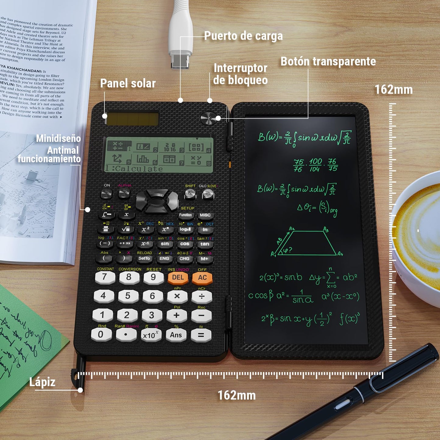 Calculadora Científica Recargable ROATEE 991EX Blanca con Vista Múltiple y Tableta de Escritura LCD para Estudiantes