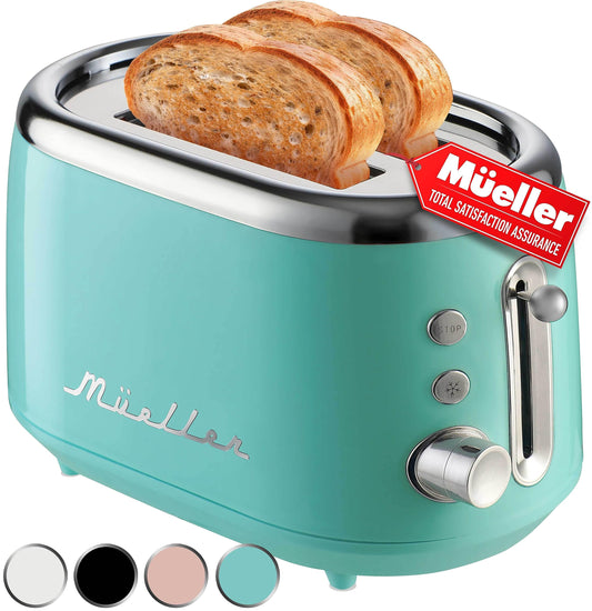 Mueller - Tostador retro para 2 rebanadas con 7 niveles de tostado y 3 funciones, calentar, descongelar y cancelar, acero inoxidable, charola de residuos extraíble, compartimento de cable bajo base,