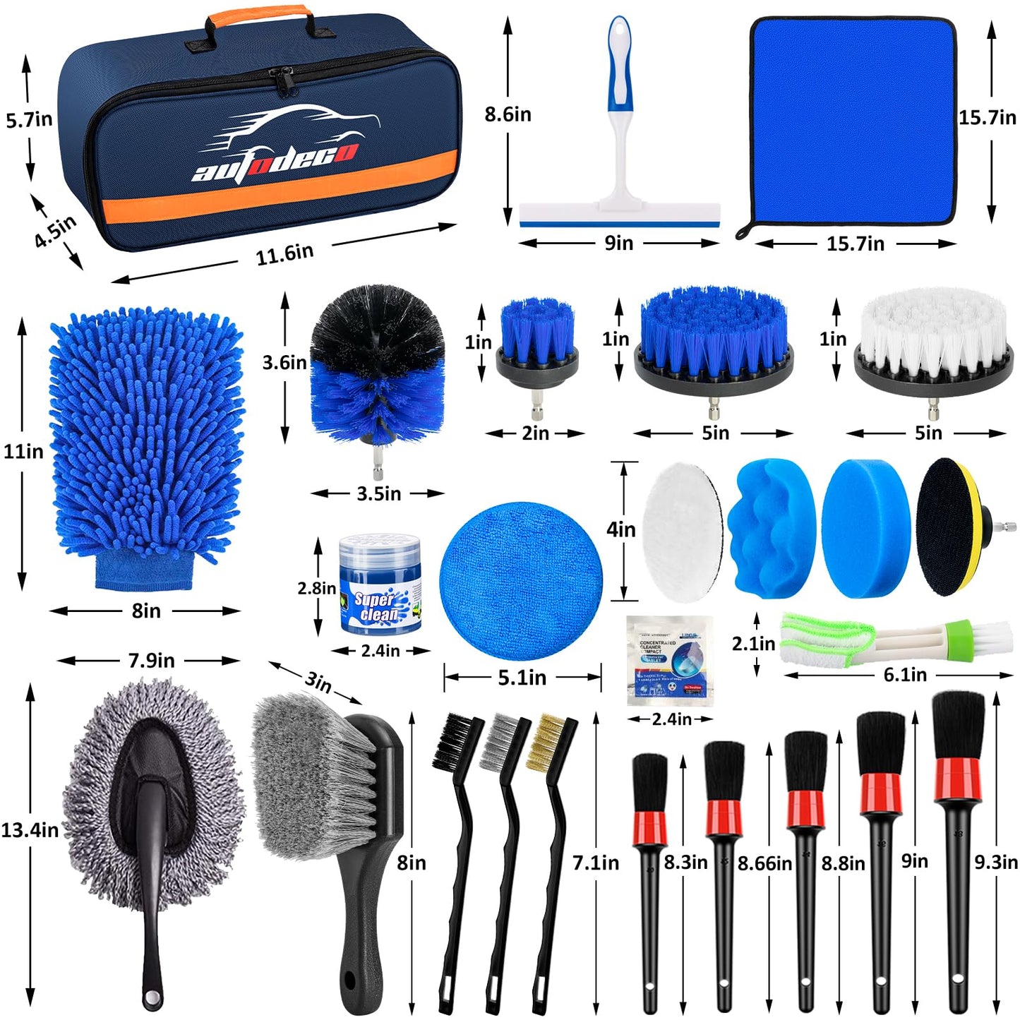 AUTODECO - Juego de 31 cepillos para detalles de coche, kit de detalles de coche, juego de cepillos de taladro para detalles automáticos, kit de herramientas de limpieza de lavado de automóviles para interiores, exteriores, ruedas, azul