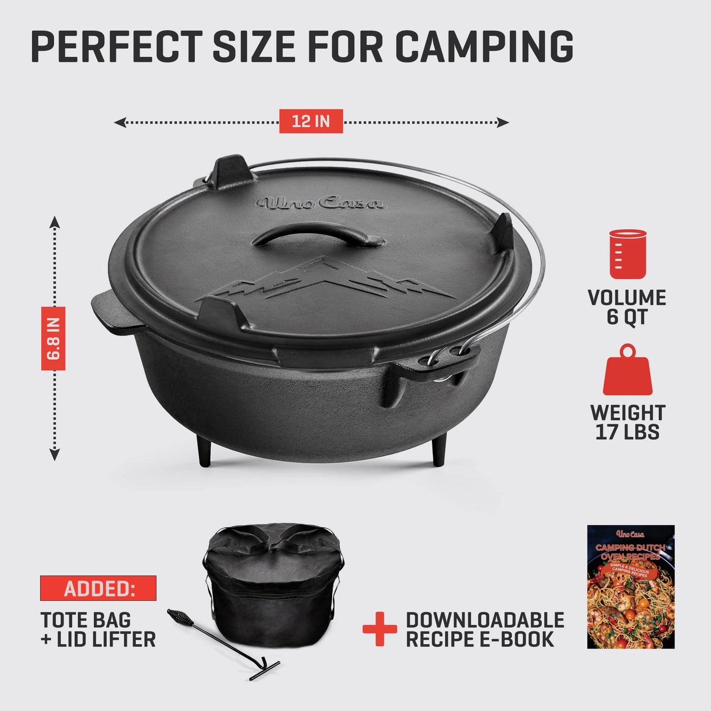 Uno Casa Olla holandesa de hierro fundido para camping - Olla con tapa presazonada de 5,6 litros ideal para ir de acampada