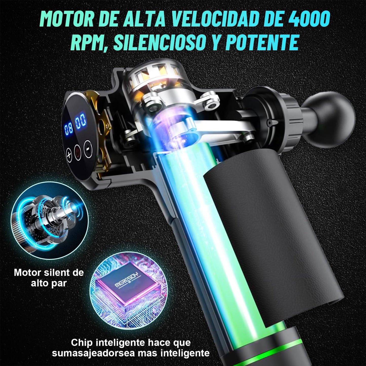 Pistola de Masaje Muscular,4500mAh Pistola Masajeadora,14 Cabezales y 30 Velocidades Ajustables,Masaje Eléctrico de Mano,Masajeador Muscular de Tejido Profundo,Masajeador de Espalda para Hombro,Cuello