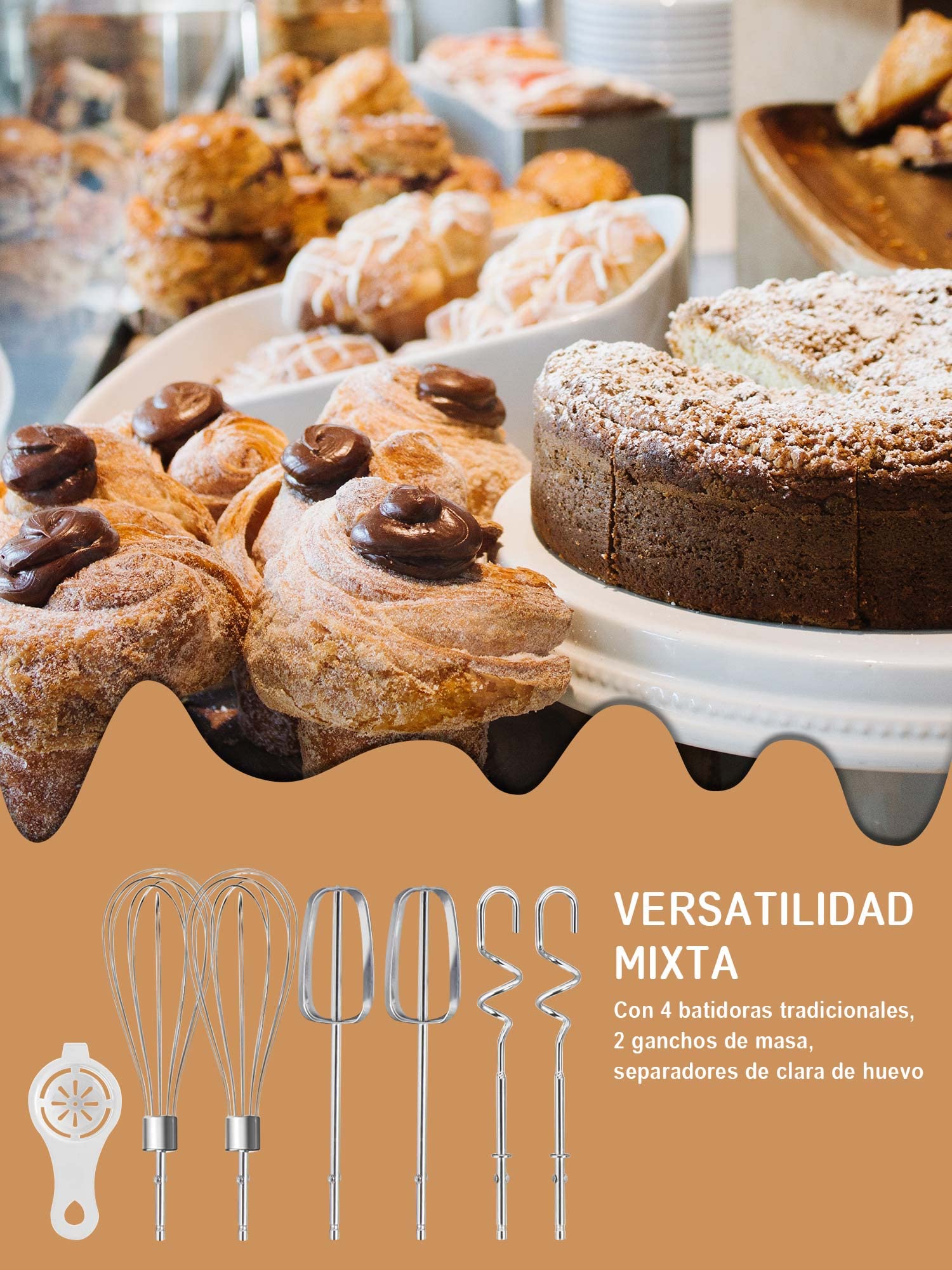 Batidora de Mano 7 Velocidades，Turbocharged Batidora de Mano, Mezclador de Cocina Incluye 4 Barras de Mezcla para Mezclar, 1 Separación De Claras De Huevo