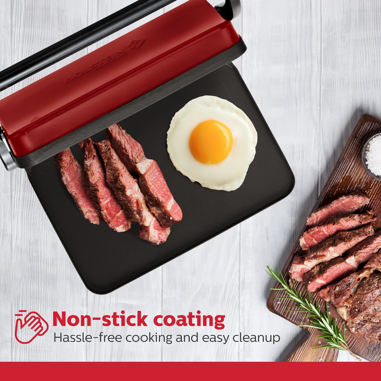 Holstein Housewares - Plancha eléctrica de 2 rebanadas, sandwichera antiadherente con temperatura ajustable, mango de tacto fresco, rojo metálico