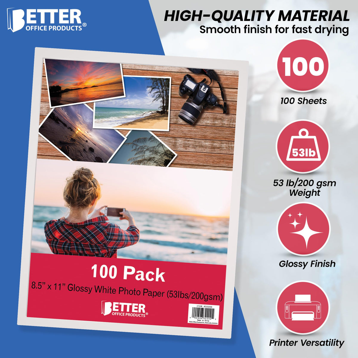 Papel Fotográfico Brillante Better Office Products 8.5 x 11 Pulgadas 200 g/m² Paquete de 100 Hojas