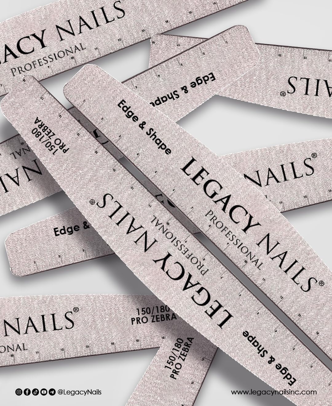 LEGACY NAILS- Legacy Nails 3 en 1 - Lima de uñas con esponja en forma de media luna 100/180 para pulir y dar forma - Lima de uñas Pro Zebra 100/100 Ed