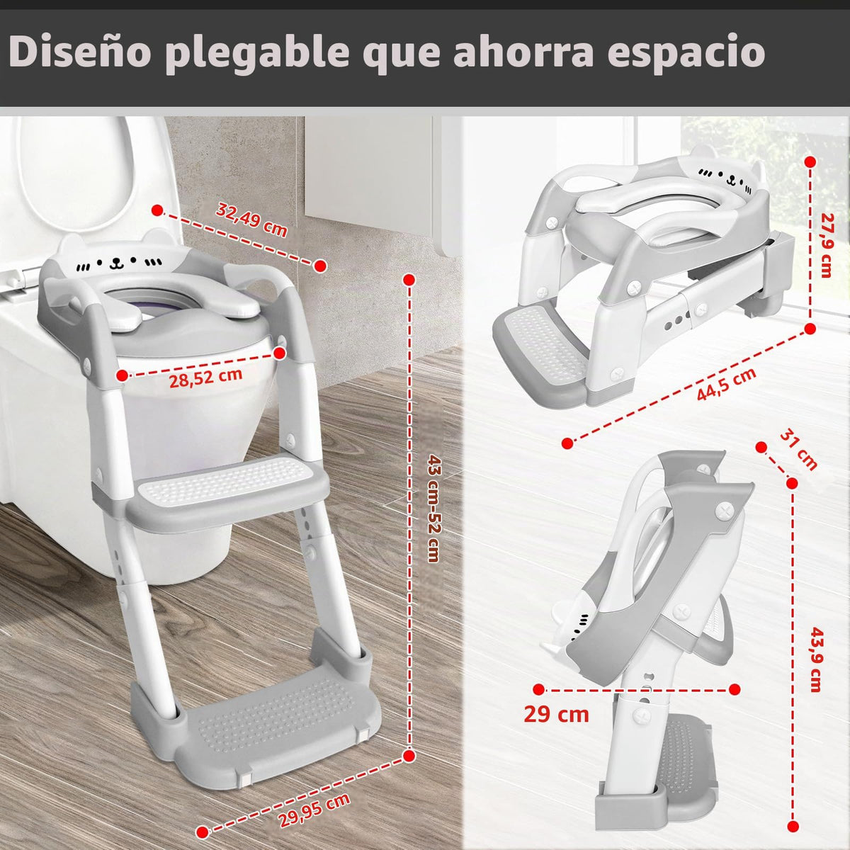 Asiento de entrenamiento para ir al baño, asiento de inodoro para niños y niñas, inodoro 3 en 1 con taburete de escalón, antideslizante plegable (gris + blanco)