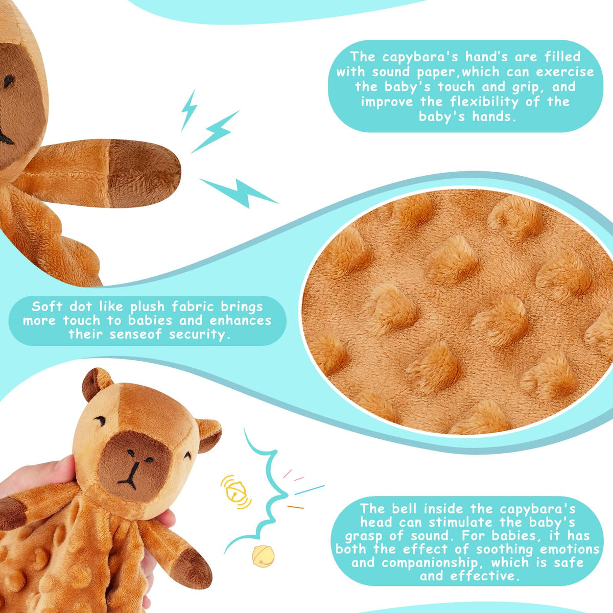 Sprinqdawin Loveys para Bebés, Manta de Seguridad de Bebé Kawaii Capybara para Recién Nacido Infante Niño Pequeño Juguete de Abrazo Animal de Peluche, Mantas de Seguridad Lovey Capybaras Regalos Bebé