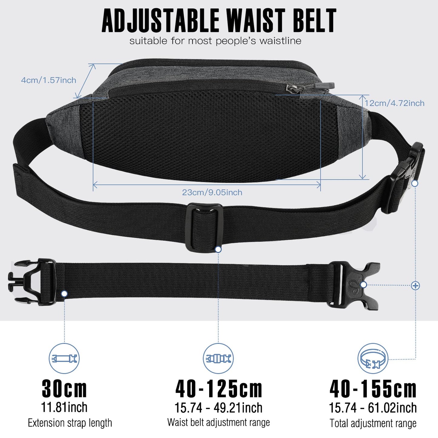 Riñonera WATERFLY Deportiva Negra Cinturón Extra Extendido para Marcha y Senderismo Mujer Hombre