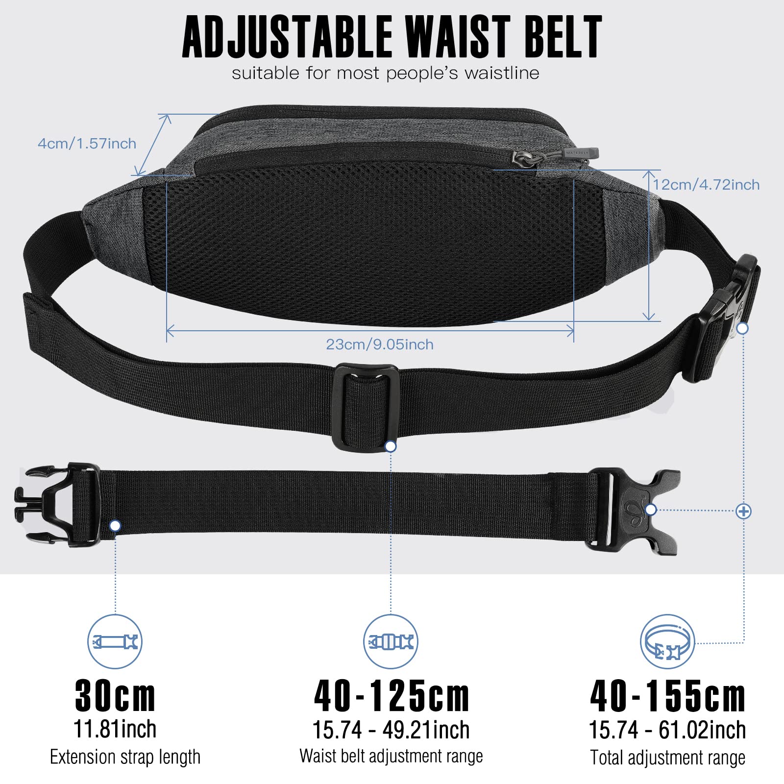 Riñonera WATERFLY Deportiva Negra Cinturón Extra Extendido para Marcha y Senderismo Mujer Hombre