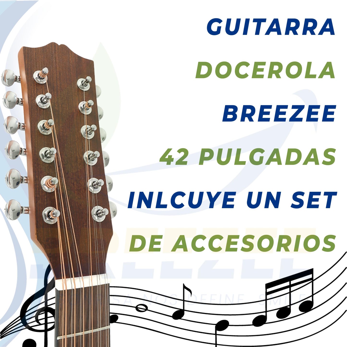 BREEZEE Guitarra Acústica Docerola de 42 Pulgadas, 12 Cuerdas, Fabricada en Nogal Incluye Accesorios, Set de Cuerdas Extra, Funda Transportadora, Capo, Correa, Plumillas y Afinador, Guitarra de Abeto