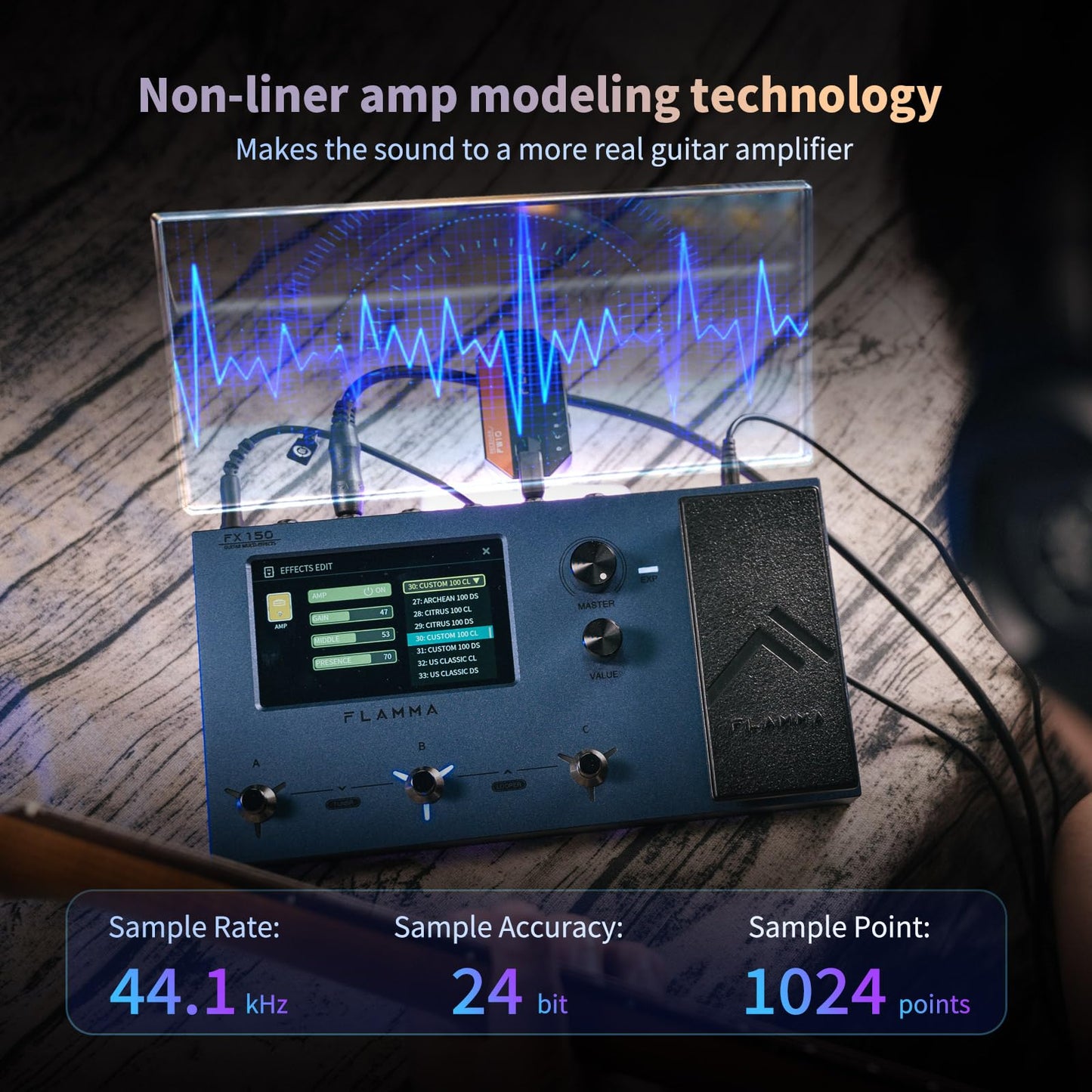 Pedal de Guitarra Eléctrica FLAMMA FX150 multiefectos con Pantalla Táctil y Amplificador de Modelado