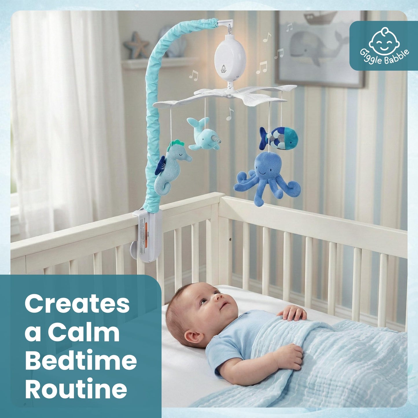 Giggle Babble Ocean - Móvil para bebé con música, cuna náutica calmante con animales marinos, canciones de cuna calmantes para dormir tranquilo, decoración de guardería para niños o niñas