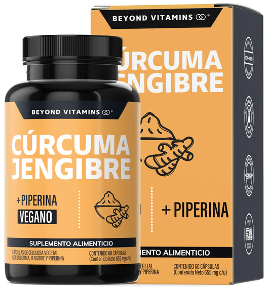 Beyond Vitamins | Cúrcuma + Jengibre potenciado con Pimienta Negra (Piperina) – Máxima Absorción y Calidad Garantizada | Vegano (60 Cápsulas)