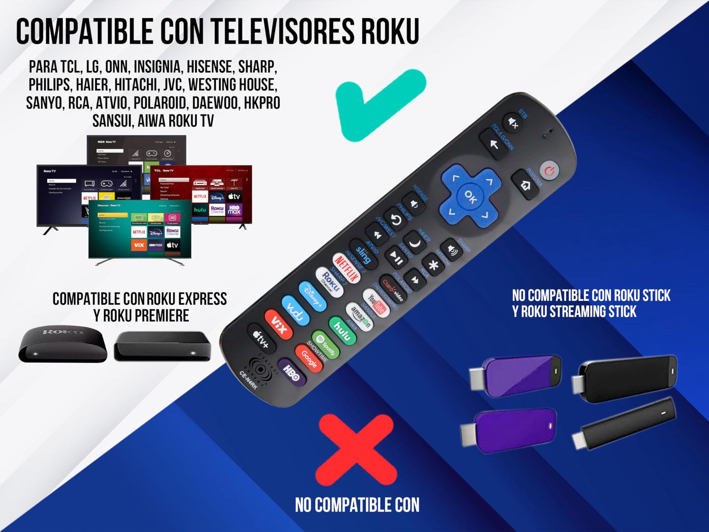 CONTROL EXPERT Control Remoto Compatible para Pantalla con ROKU Integrado, TCL, HISENSE, ATVIO, ONN, Sharp, Philips, LG, JVC, Insignia, Compatible con Aparatos, Premiere Y Express