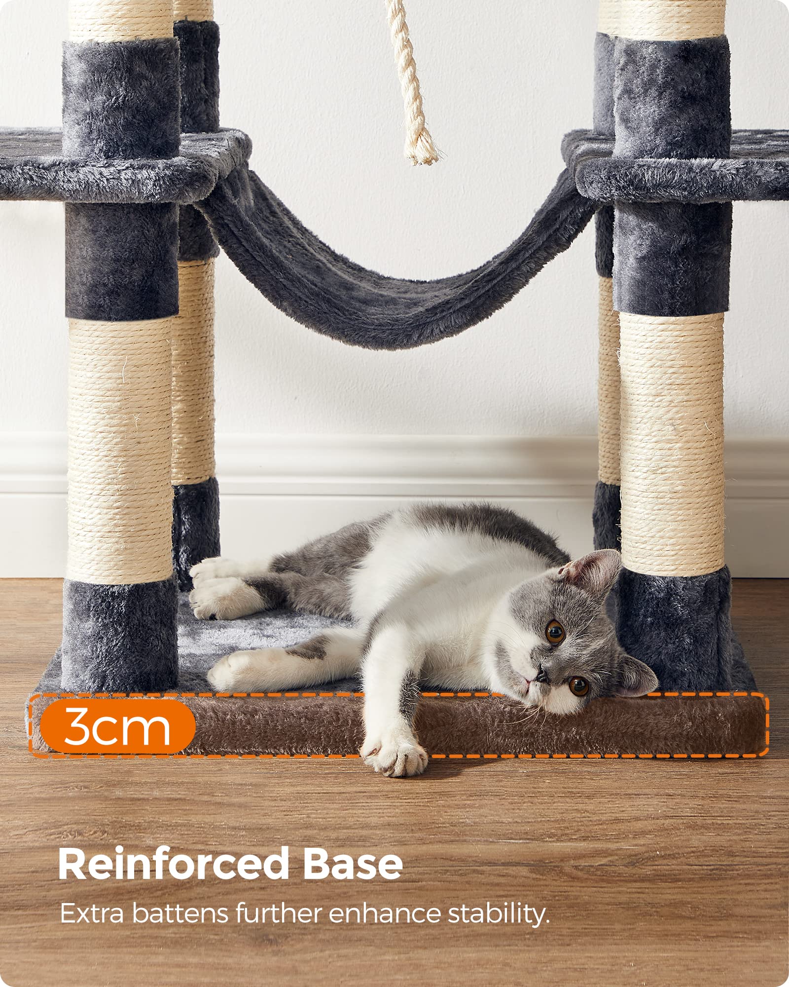 Feandrea Árbol para Gatos, Torre Grande para Gatos, 164 cm, con Hamaca, Condominio para Gatos, Gris Ahumado MPCT087G01