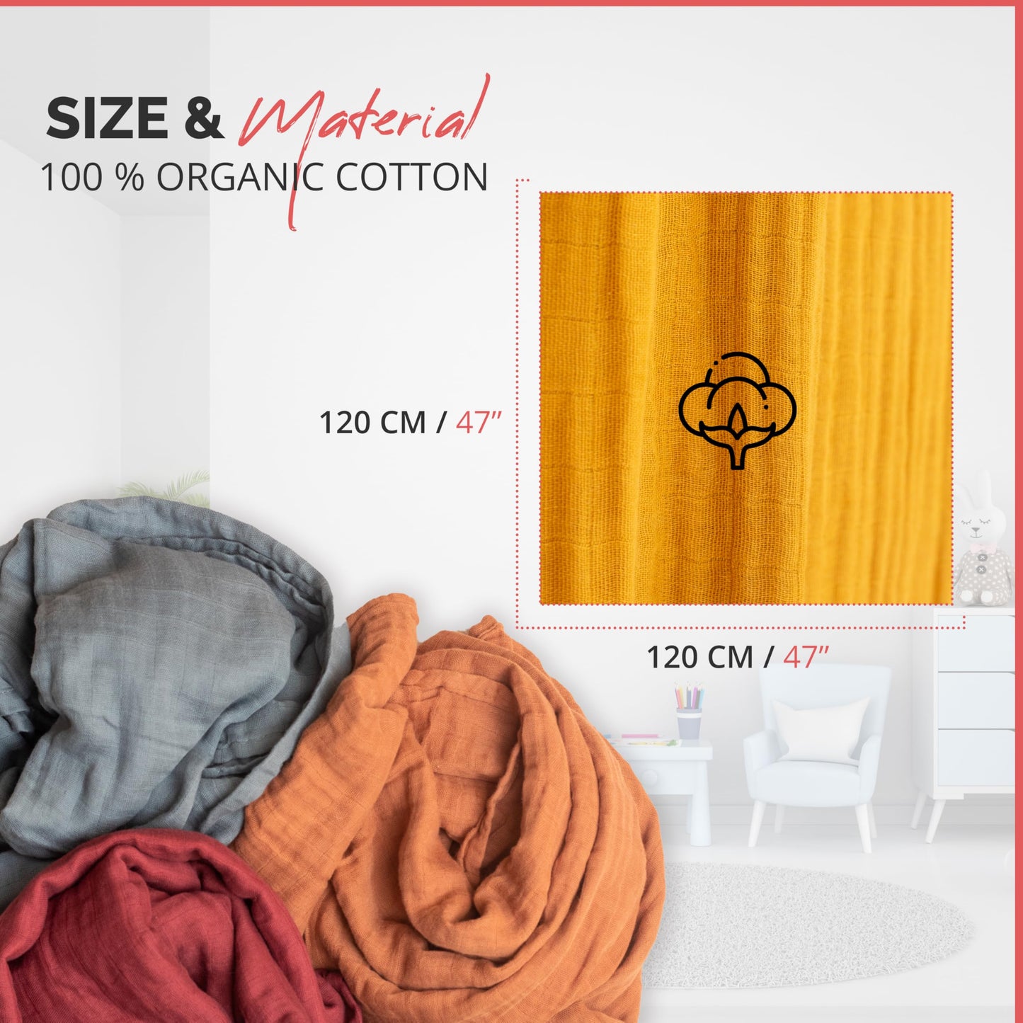 Eden Bliss Pack - Mantas para bebé para bebé, manta de muselina de algodón suave para bebé niño y niña, 47 x 47 pulgadas, unisex, ligeras para recibir recién nacidos, gris, amarillo, granate, arena,