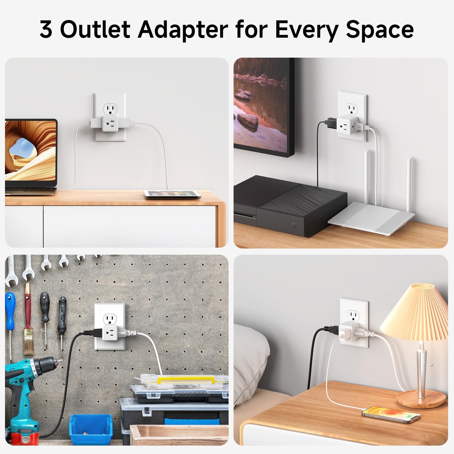 Cable Matters Paquete de 3 adaptadores Power Cube de 3 Salidas con conexión a Tierra en Blanco