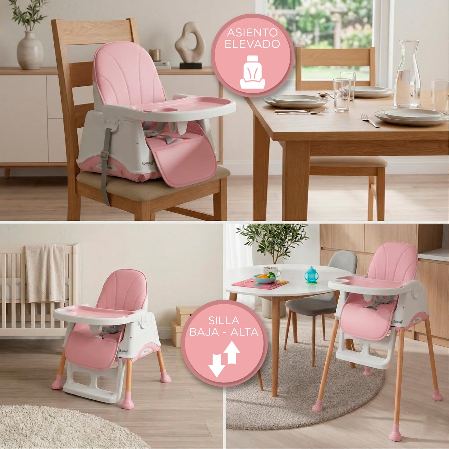 BEBBLY Silla Alta para Bebé con Patas de Madera Antiderrapante Asiento Ergonómico con Charola y Arnés de Seguridad Ideal para Comer o Jugar Niños y Niñas desde 6 Meses Moderna y Fácil de Limpiar