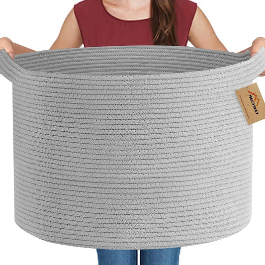 MEGASKET Cesta de almacenamiento extragrande gris, 22 x 22 x 14 pulgadas, cesta de manta XXXL para sala de estar, cestas de cuerda de algodón tejido de mimbre gris para almacenamiento, cestas