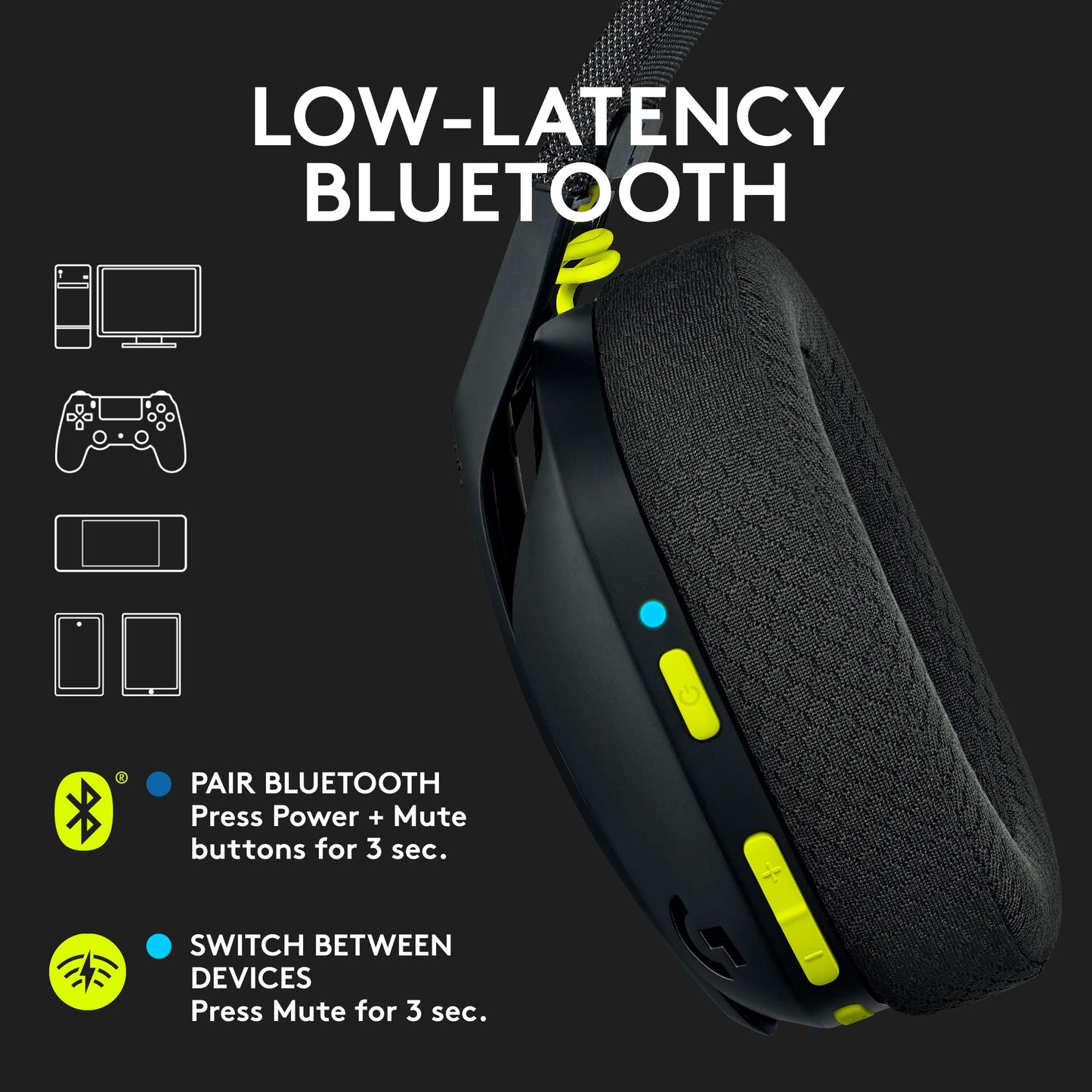 Logitech G435 LIGHTSPEED Audífonos Inalámbricos Gaming Bluetooth - Ligeros, on-ear, micrófonos integrados, batería de 18 horas, compatibles con Dolby Atmos, PC, PS4, PS5, Celular - Negro