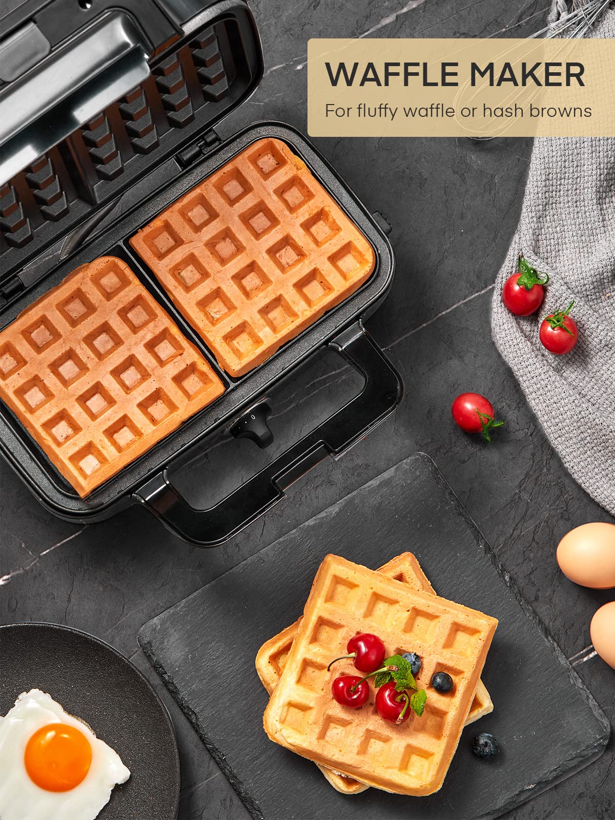 FOHERE Waffle Maker 3 en 1 Sandwichera Prensa Panini de 1200 W con placas extraíbles y control de temperatura de 5 engranajes, revestimiento antiadherente, fácil de limpiar, luces indicadoras,