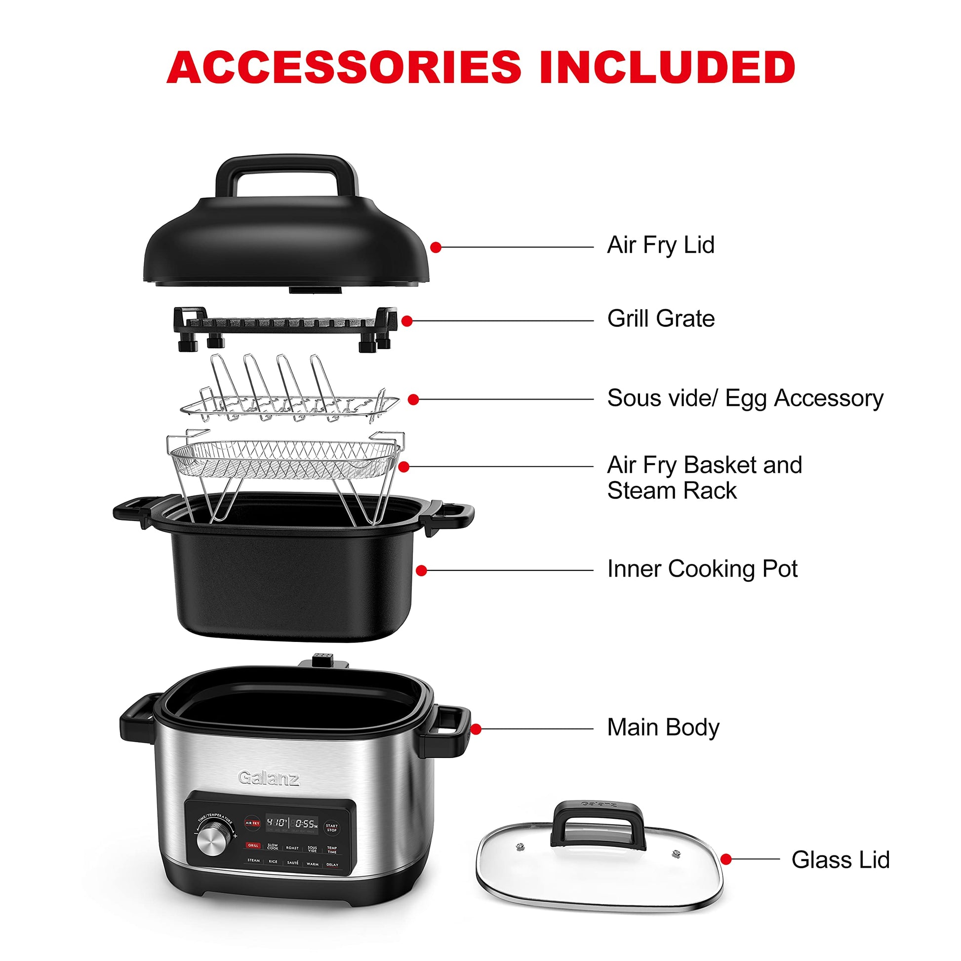 Galanz Cocina múltiple 8 en 1 con freír al aire, al aspiradora, arroz, saltear, cocción lenta, vapor, asado y parrilla, tazón extraíble de 8 cuartos de galón, 8 programas preestablecidos, acero inoxidable