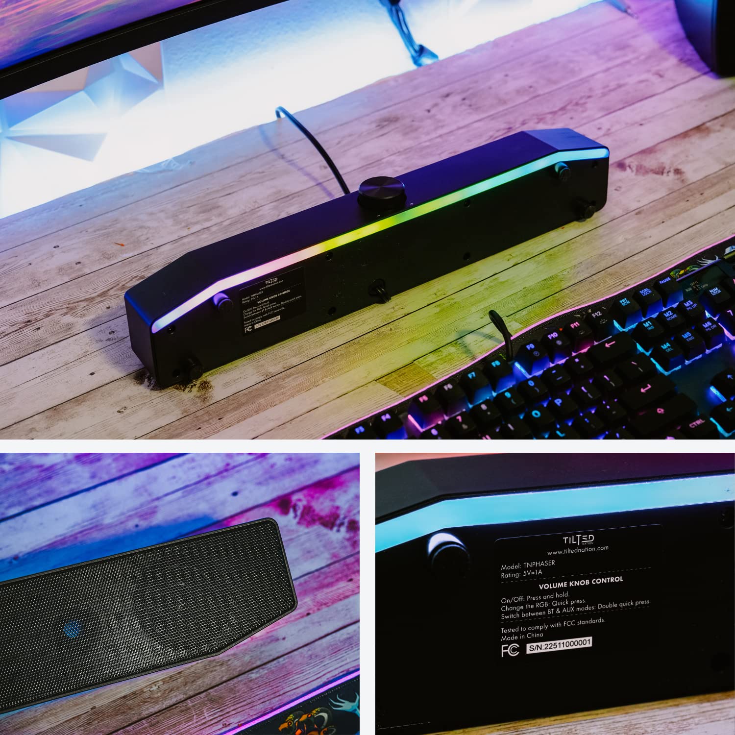 Barra de sonido para juegos Tilted Nation TNPHASER - Altavoces de computadora RGB para PC - Inalámbrico o USB - Audio nítido y LED ajustable