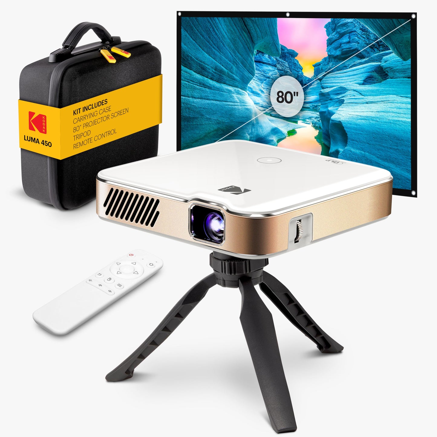 KODAK Luma 450 Mini proyector Kit - Tamaño de bolsillo, blanco - visualización nativa de 1080p de hasta 150 pulgadas - Proyector portátil de presentación con visualización - Unidad de transmisión