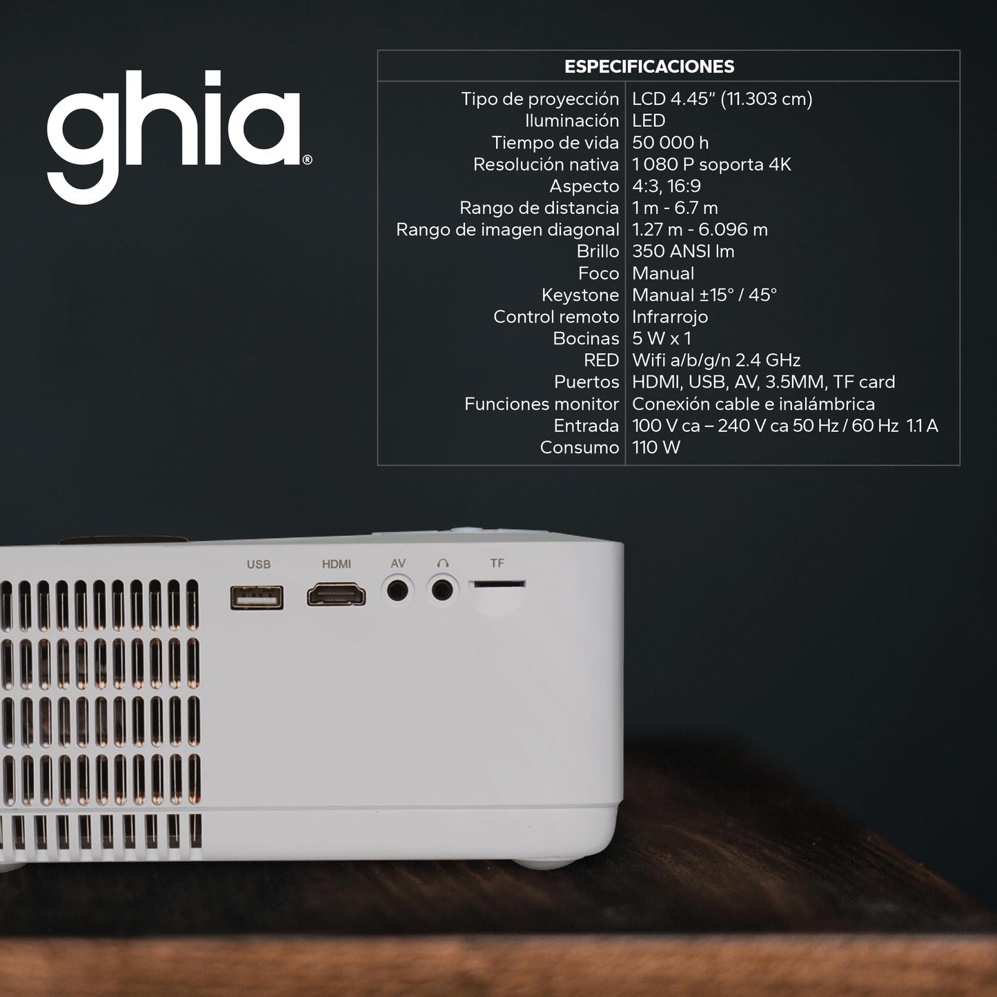 Proyector GHIA Blanco 4K WiFi Conectividad Full HD 350 ANSI