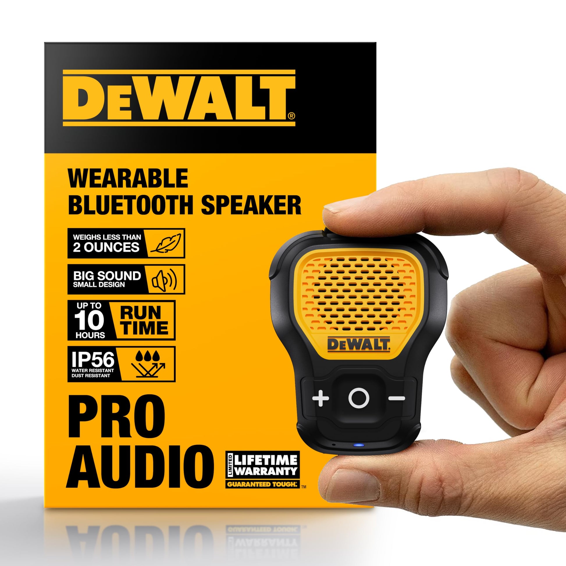 DEWALT - Bocina portátil inalámbrica Bluetooth (versión actualizada) con clip Jobsite Pro, resistente al agua, no magnético, micrófono incorporado para música y llamadas con manos libres
