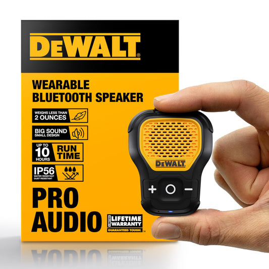 DEWALT - Bocina portátil inalámbrica Bluetooth (versión actualizada) con clip Jobsite Pro, resistente al agua, no magnético, micrófono incorporado para música y llamadas con manos libres