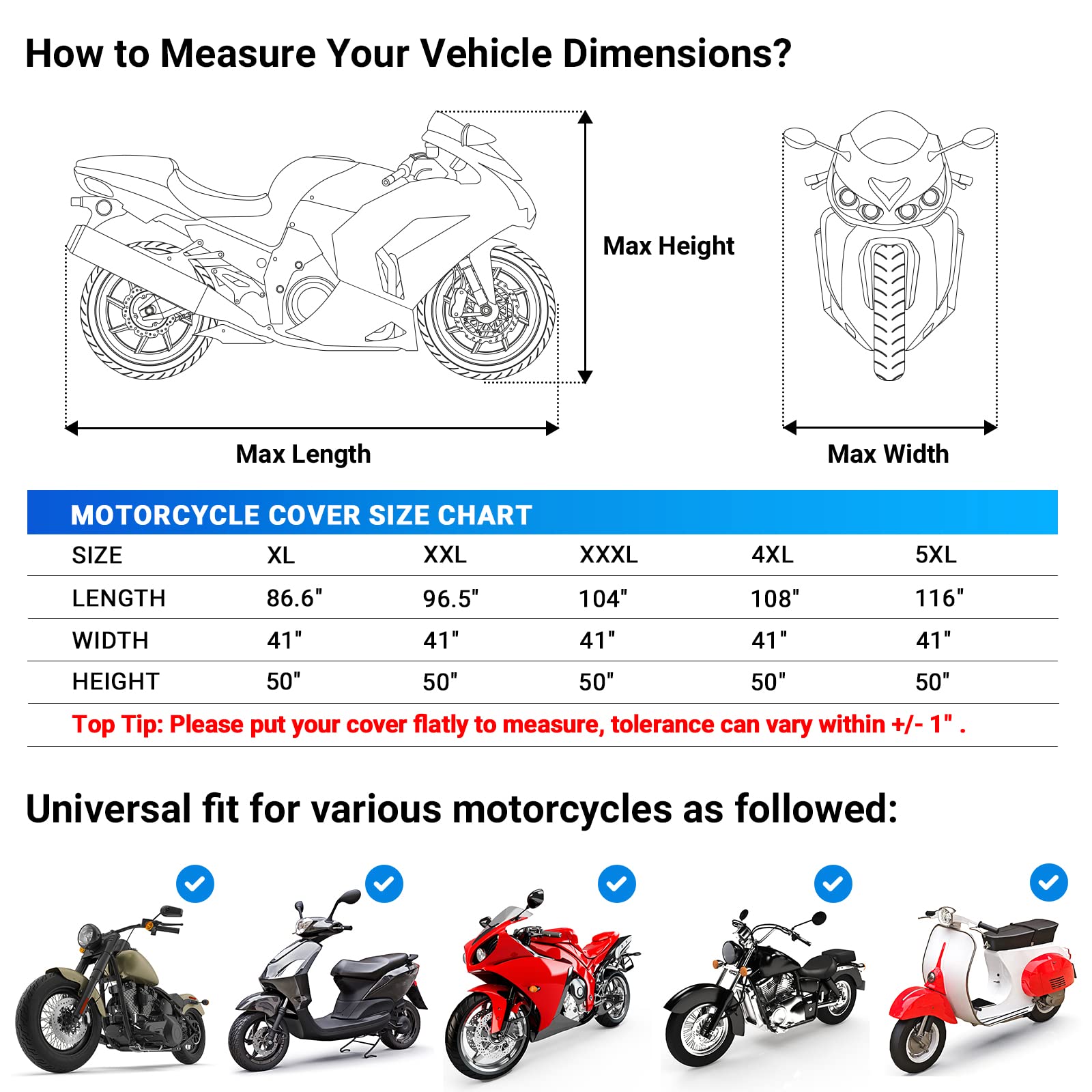 Funda para motocicleta Favoto con ajuste universal y 3 reflectores nocturnos, bolsa de transporte con agujero de bloqueo, resistente al viento, impermeable, a prueba de polvo, duradera, protección solar y al aire libre (295 centímetros de longitud).