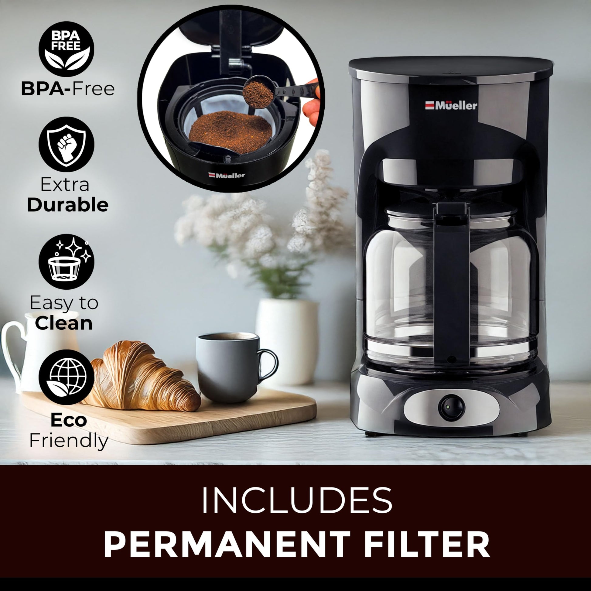 Cafetera de Goteo Mueller Borosilicato Apagado Automático Antigoteo Función Calor 12 Tazas