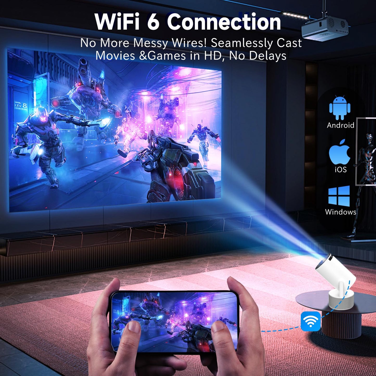 Mini Proyector 4K 1080P, Proyector Port?til con Karaoke, Wifi 6, Bluetooth 5.0, 200 Ansi, Android 11, Usb y Hdmi, Proyectores con Dos Micr?fonos Compatible con Smartphone/tabletas/pc/tv Stick/xbox/ps5