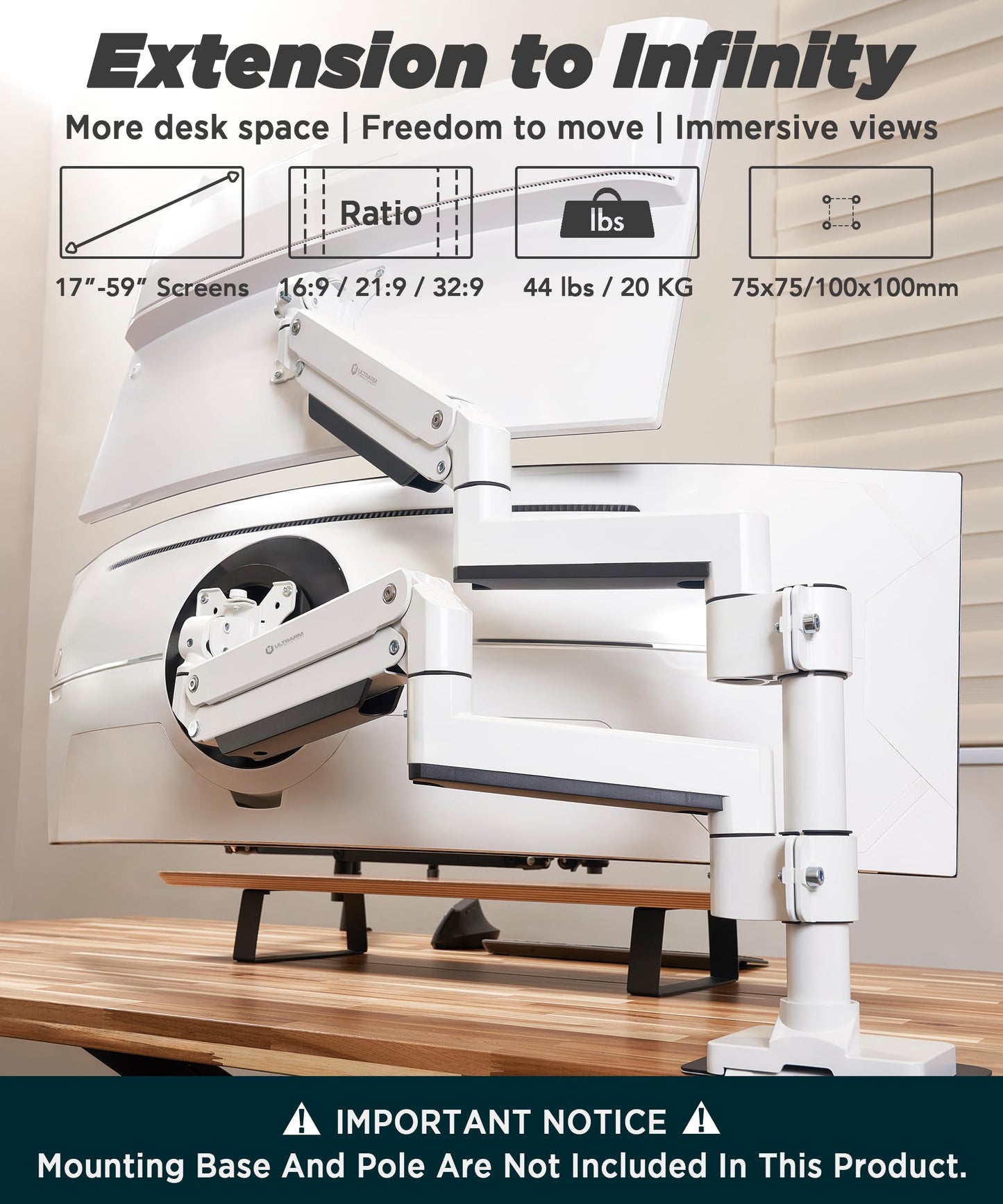 Soporte para Monitor ULTRARM Pesado Extensible Ajustable en Altura para Doble Pantalla de 49” Apilados Verticalmente