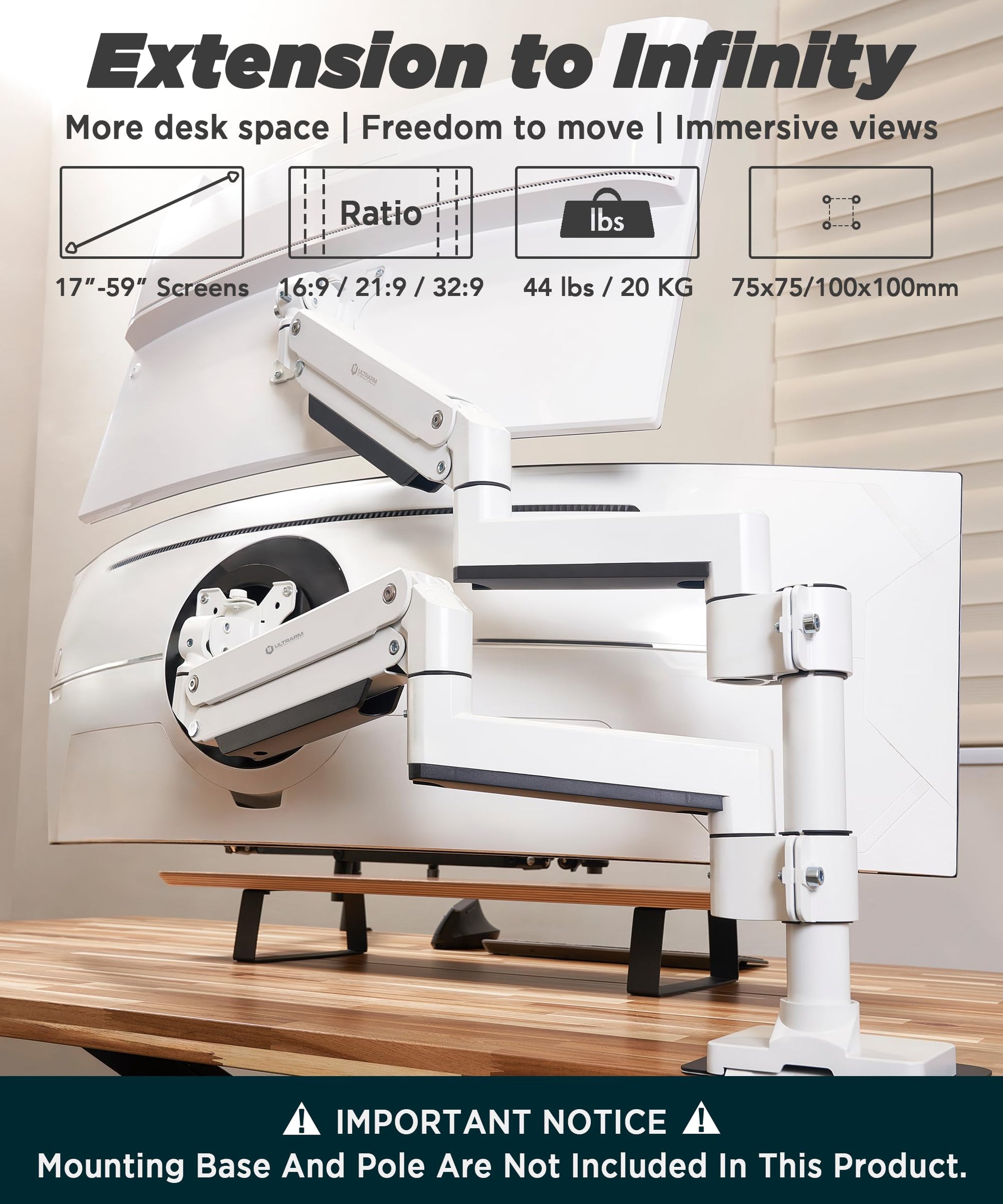 Soporte para Monitor ULTRARM Pesado Extensible Ajustable en Altura para Doble Pantalla de 49” Apilados Verticalmente