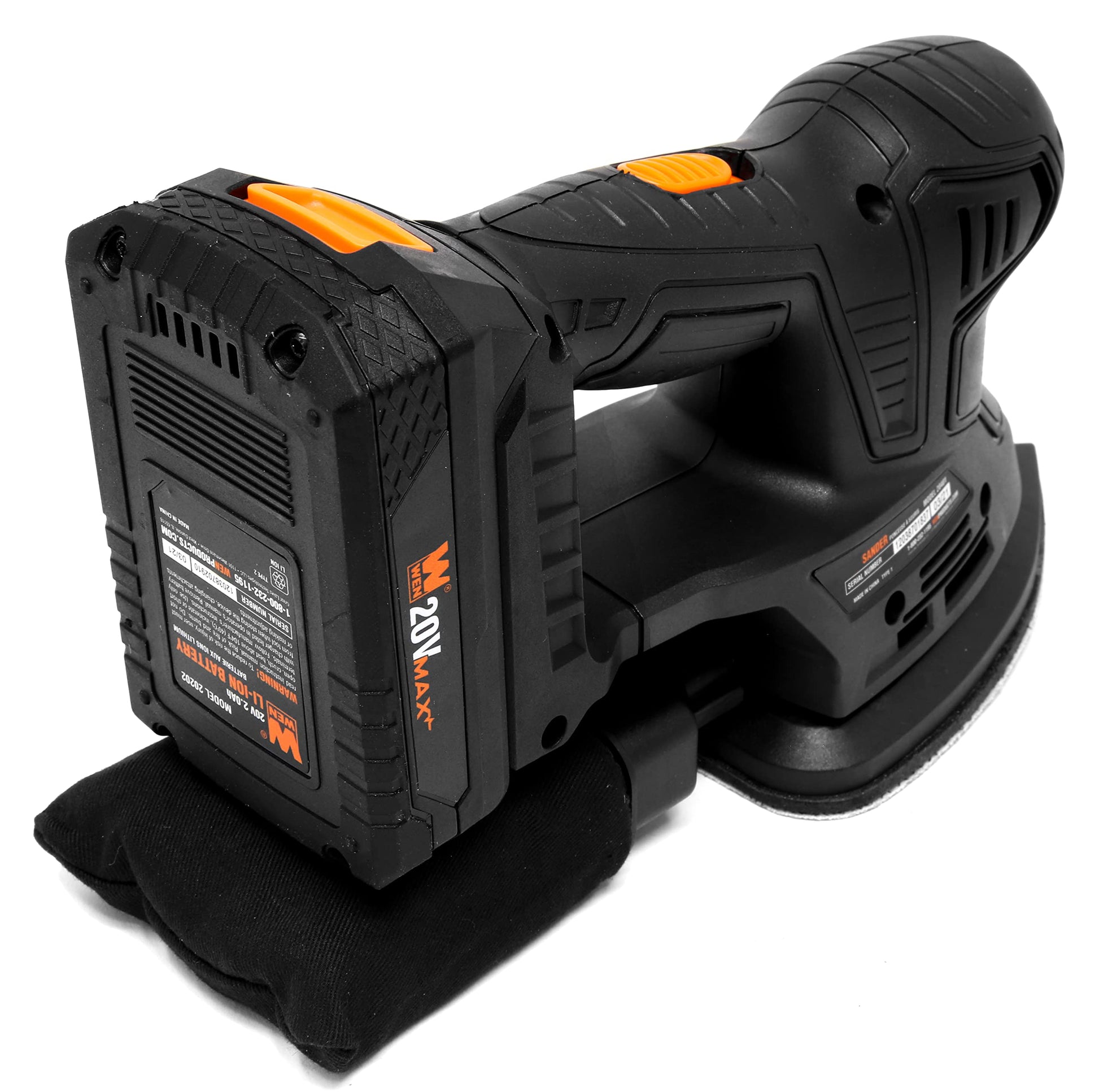 WEN Lijadora de palma inalámbrica con batería de iones de litio de 20 V máx. 2.0 Ah y cargador (20401) negro