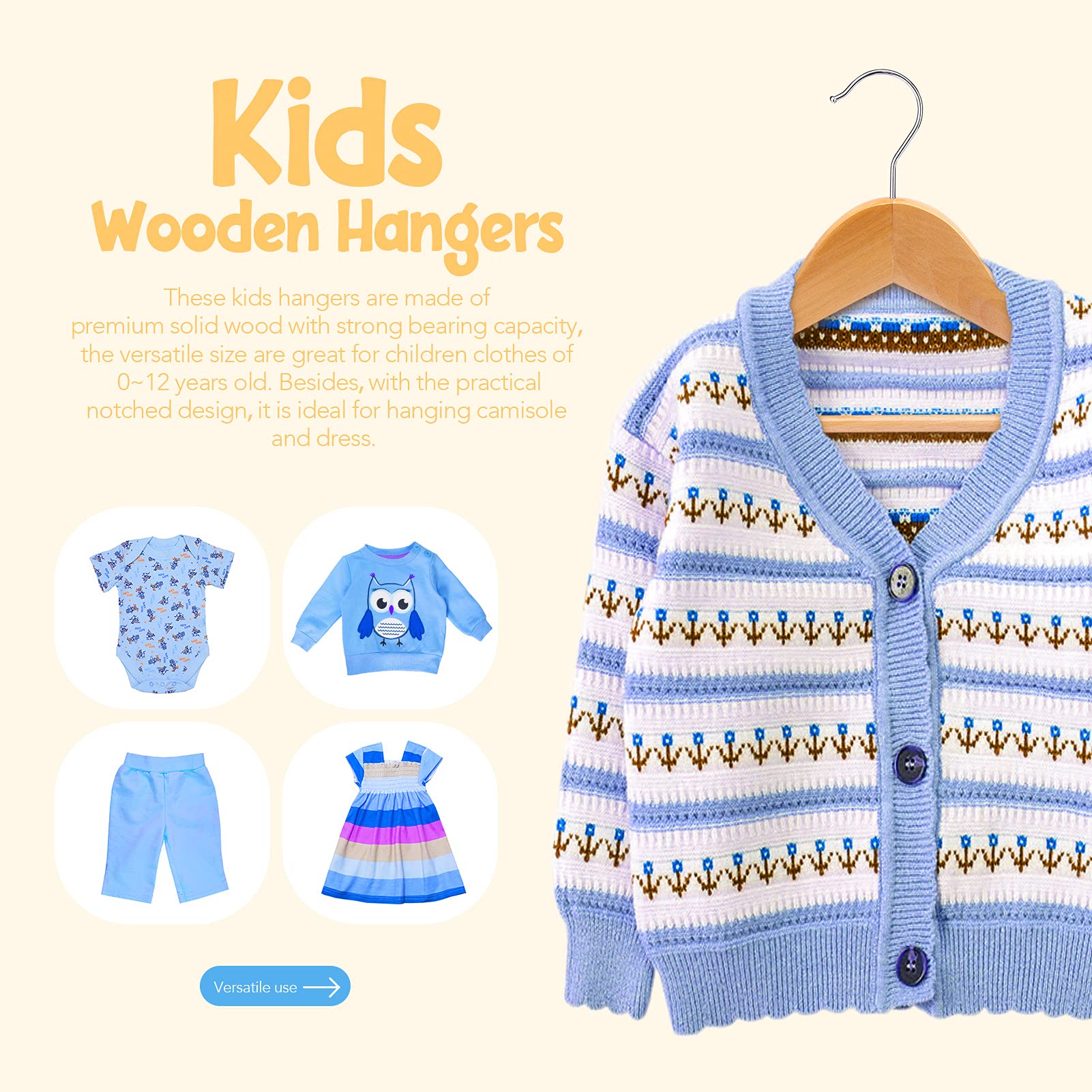 Cozymood - Perchas de madera para niños, paquete de 20 unidades, perchas de madera maciza lisa para bebé, perchas de 12.6 pulgadas con barra de pantalones antideslizante, muescas de hombro, ganchos