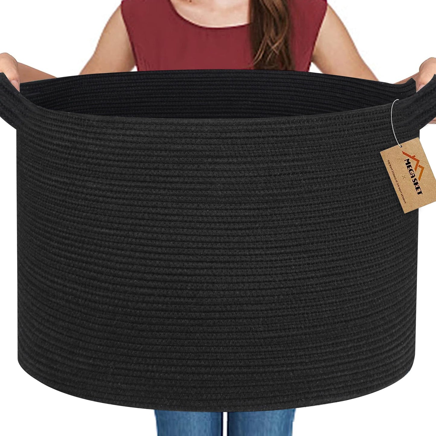 MEGASKET Cesta grande de manta negra, 55.88 x 55.88 x 35.56 cm, cestas de cuerda tejida para almacenamiento, cestas de almacenamiento de juguetes para perros para niños, cestas organizadoras,