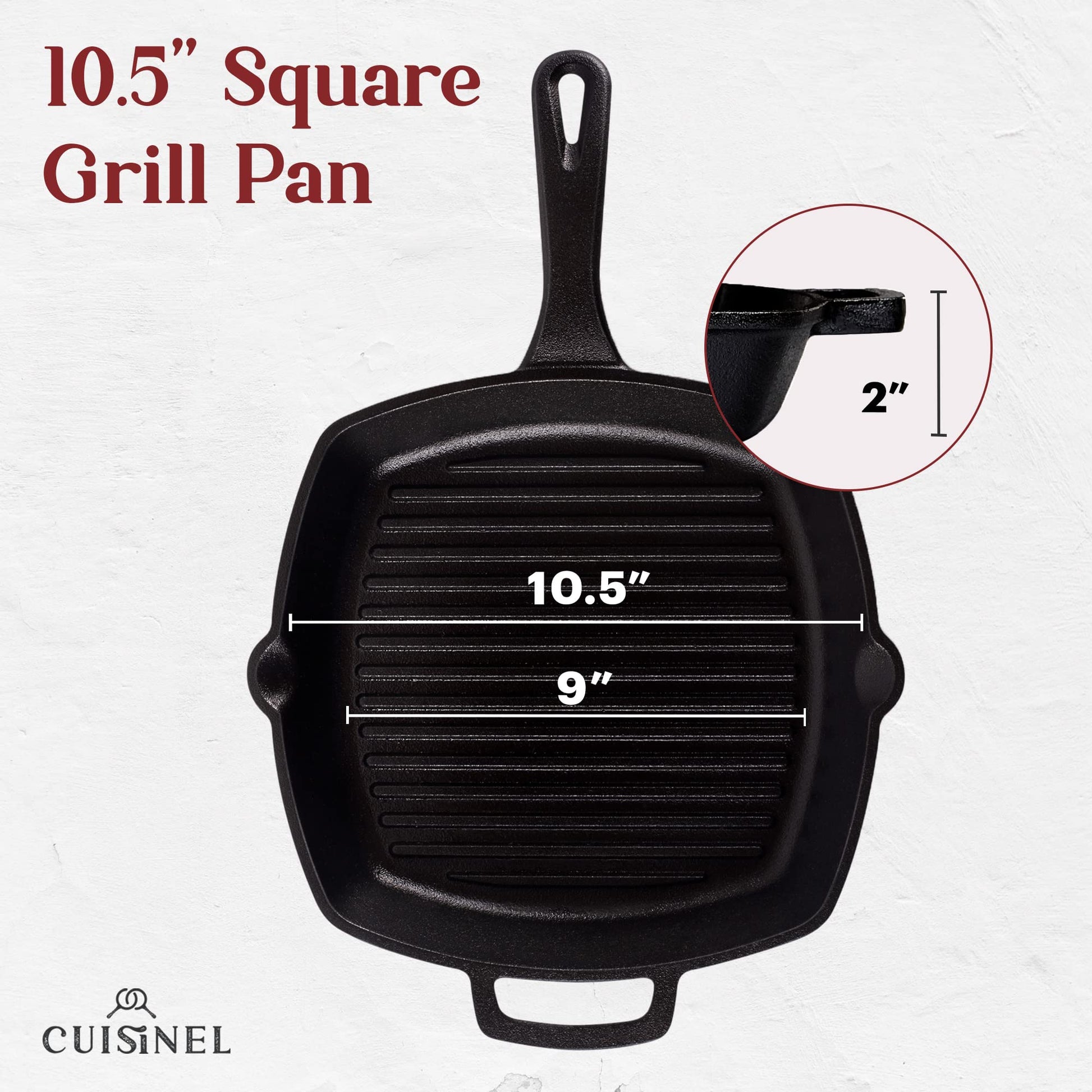 Cuisinel - Sartén para parrilla de hierro fundido + prensa rectangular de hierro fundido + tapa de vidrio templado + rascador de sartén, sartén acanalada presazonada, 10.5 pulgadas cuadrada Grillig