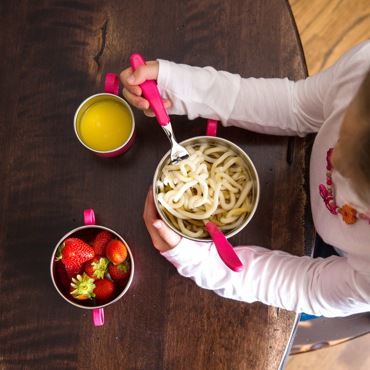 Innobaby Din Din Smart EZ Grip Cuchara y tenedor con estuche de transporte, juego de utensilios para niños y niños, sin BPA (rosa)