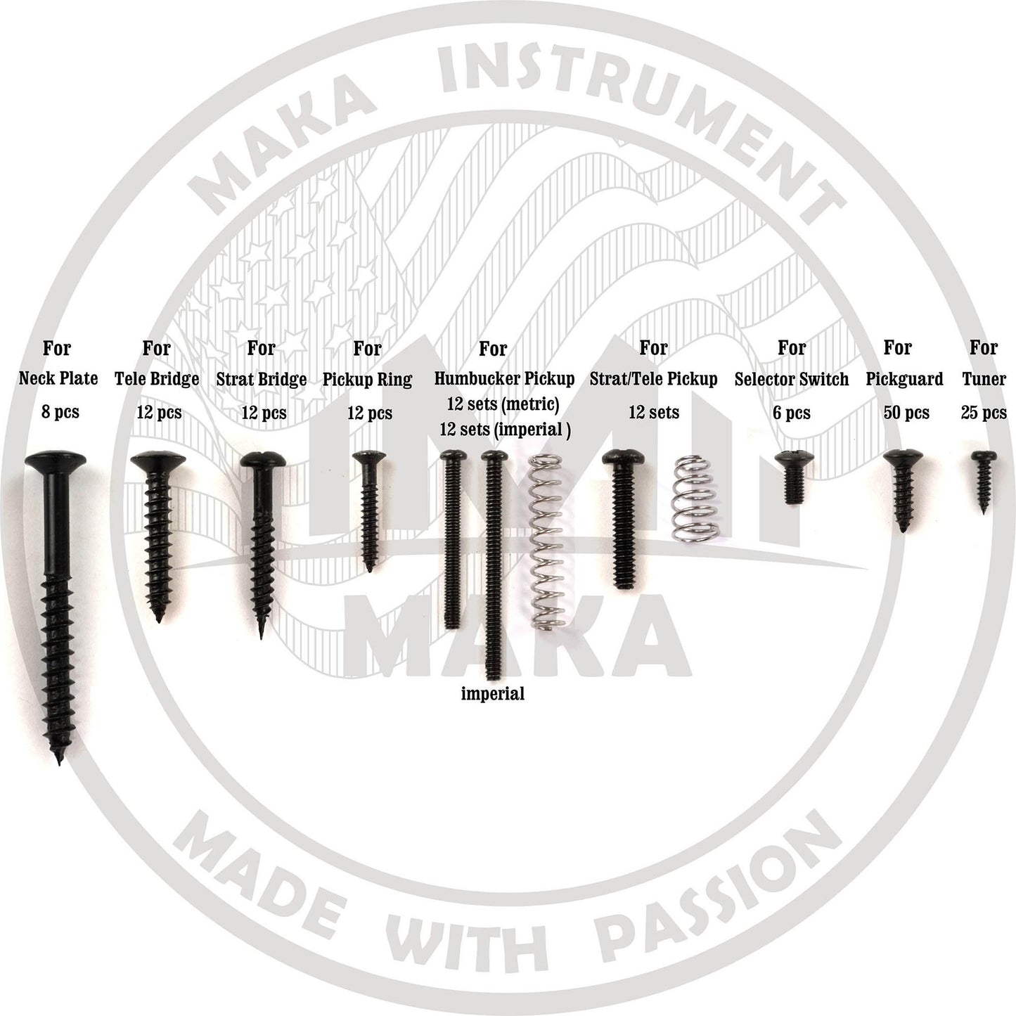 MAKA - Juego de tornillos para guitarra con caja de almacenamiento acrílica personalizada para puente de guitarra eléctrica, pastilla, golpeador, afinador, interruptor, placa de cuello, con resortes,