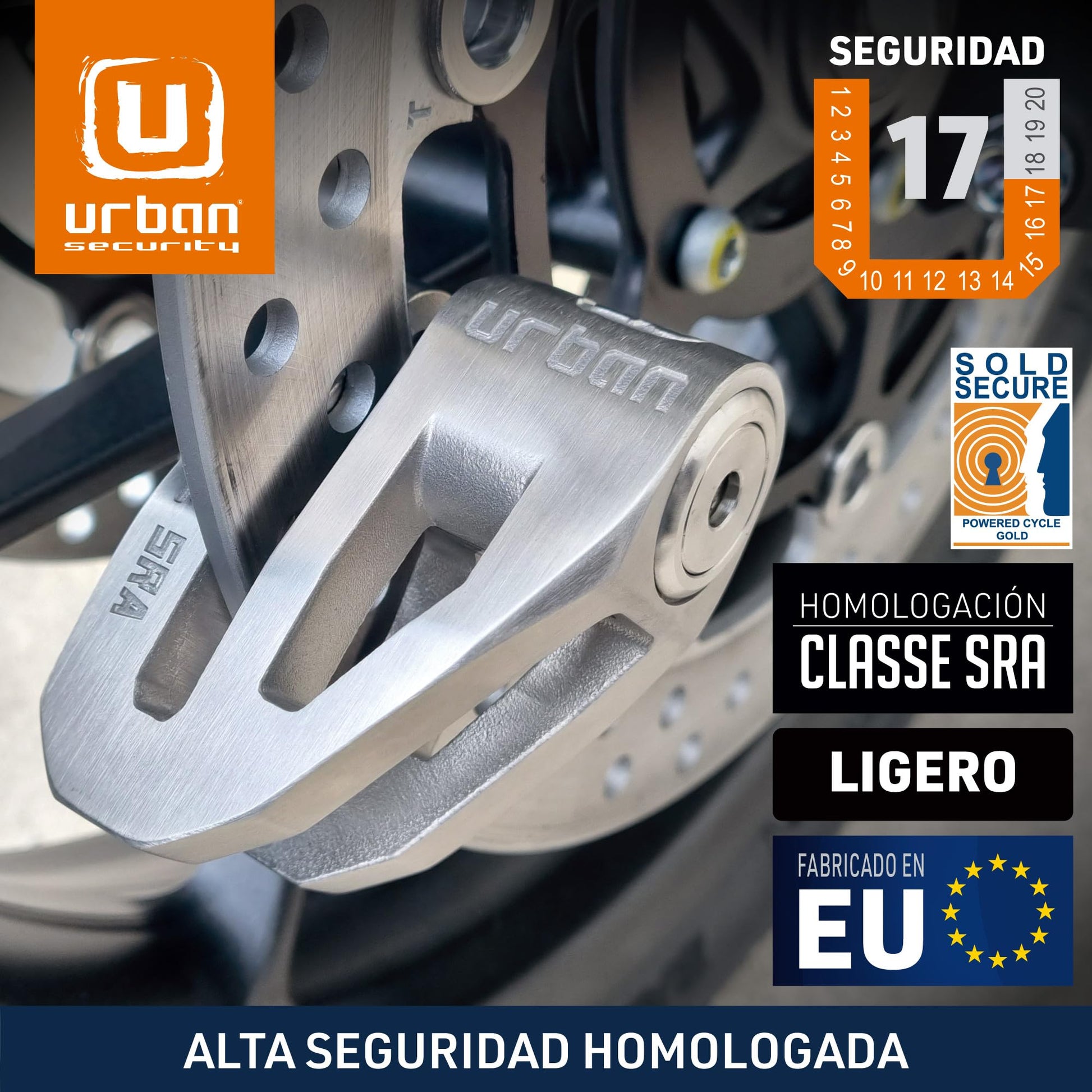 Candado de Disco Urban UR210S Gris con Alta Seguridad SRA y Doble Cierre para Moto