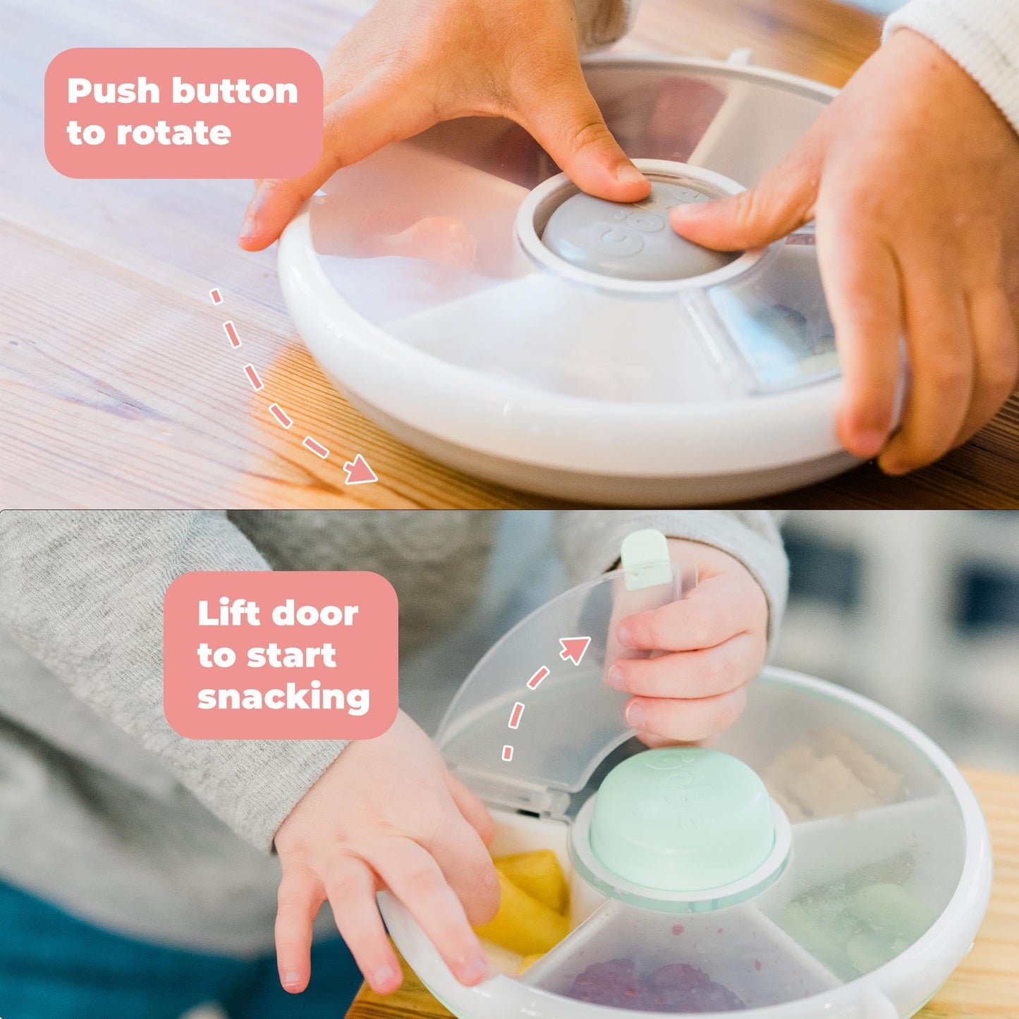 GoBe Kids - Paquete giratorio de aperitivos con correa de mano y hoja de calcomanía, contenedor reutilizable con dispensador de 5 compartimentos y tapa, sin BPA y PVC