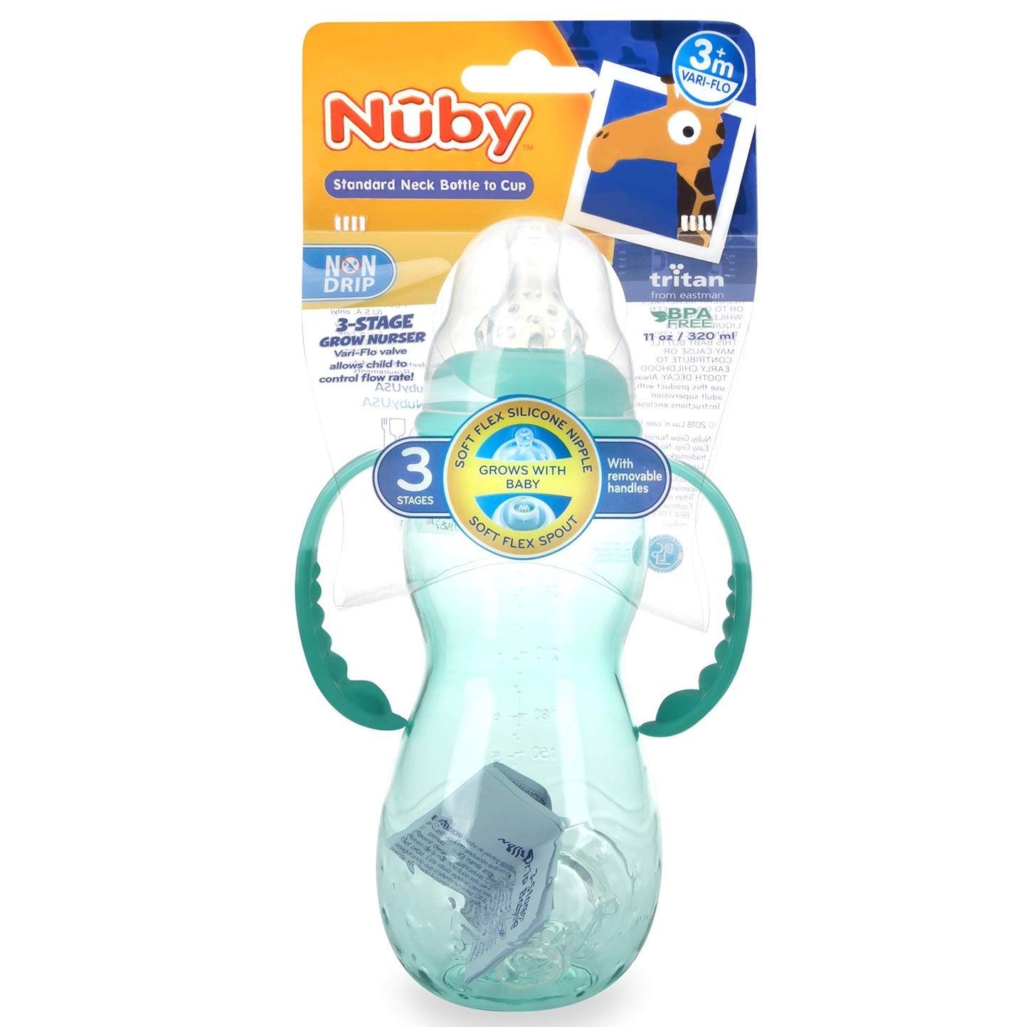 Botella a Taza Nuby Verde Azulado Ultra Durable Tritan sin Derrames 3 Etapas 10 Onzas