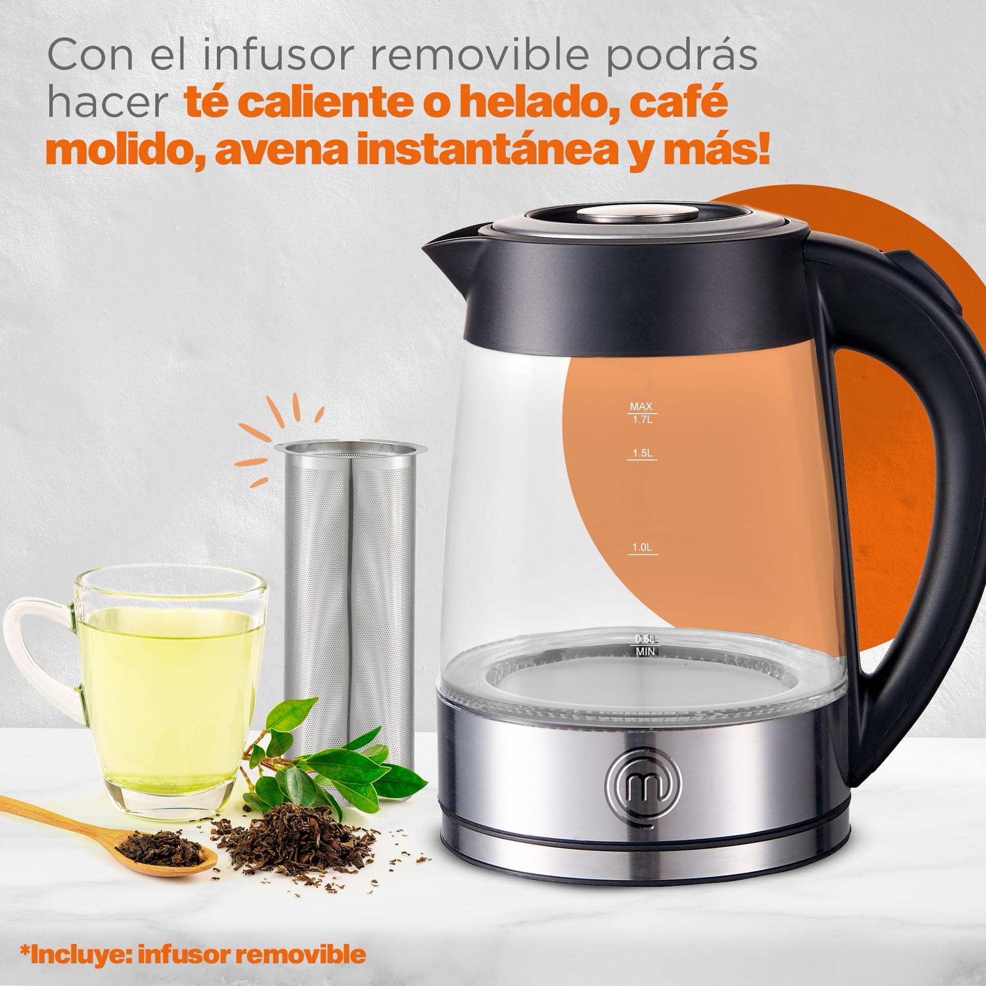Hukën x Masterchef | Tetera eléctrica Fuse+ | Hervidor eléctrico | Tetera de vidrio | Infusor Removible | Tetera de acero inoxidable Base Giratoria | 1.7 litros