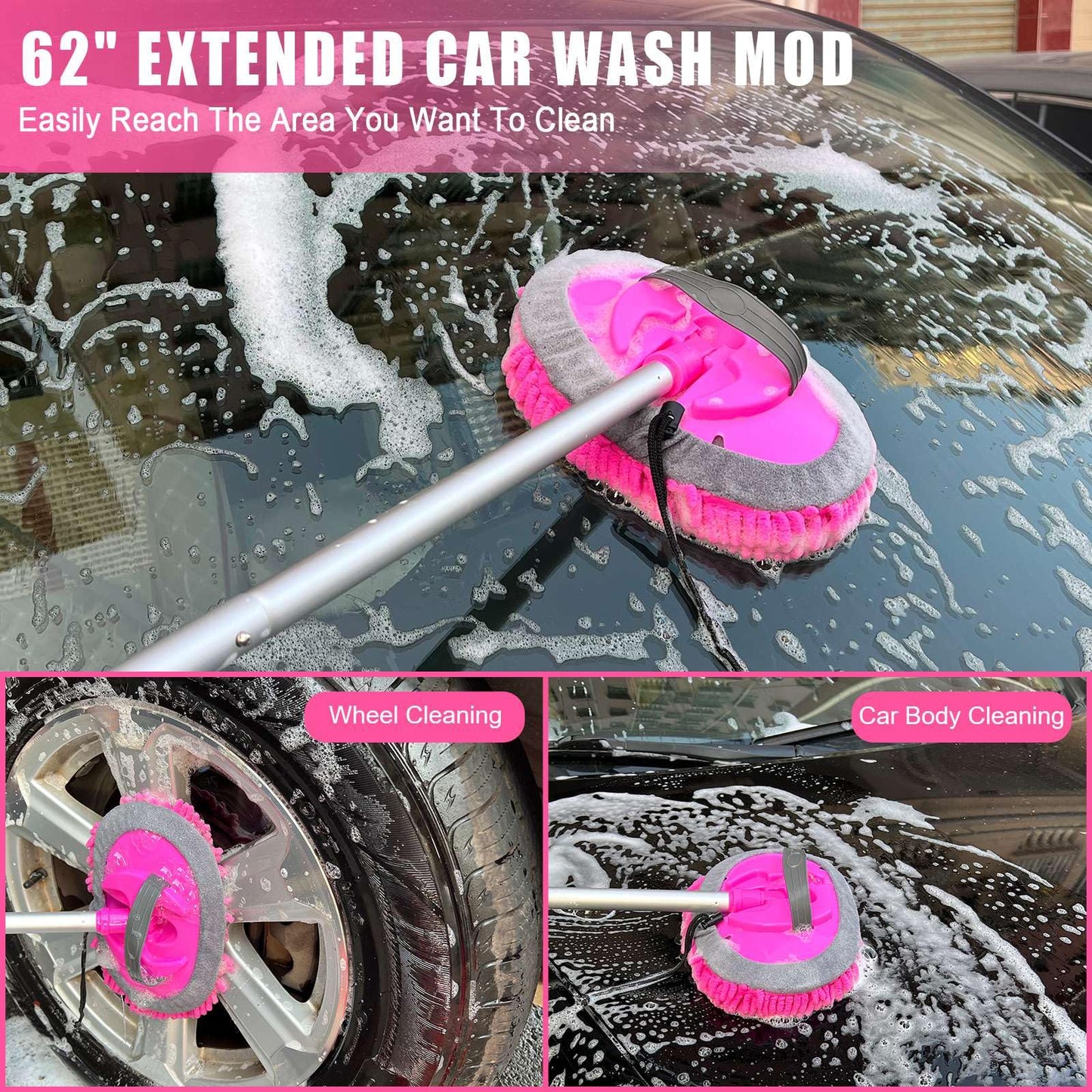 Juego de Brochas de Lavado de Coche con Mango Largo Rosa de 62 Pulgadas