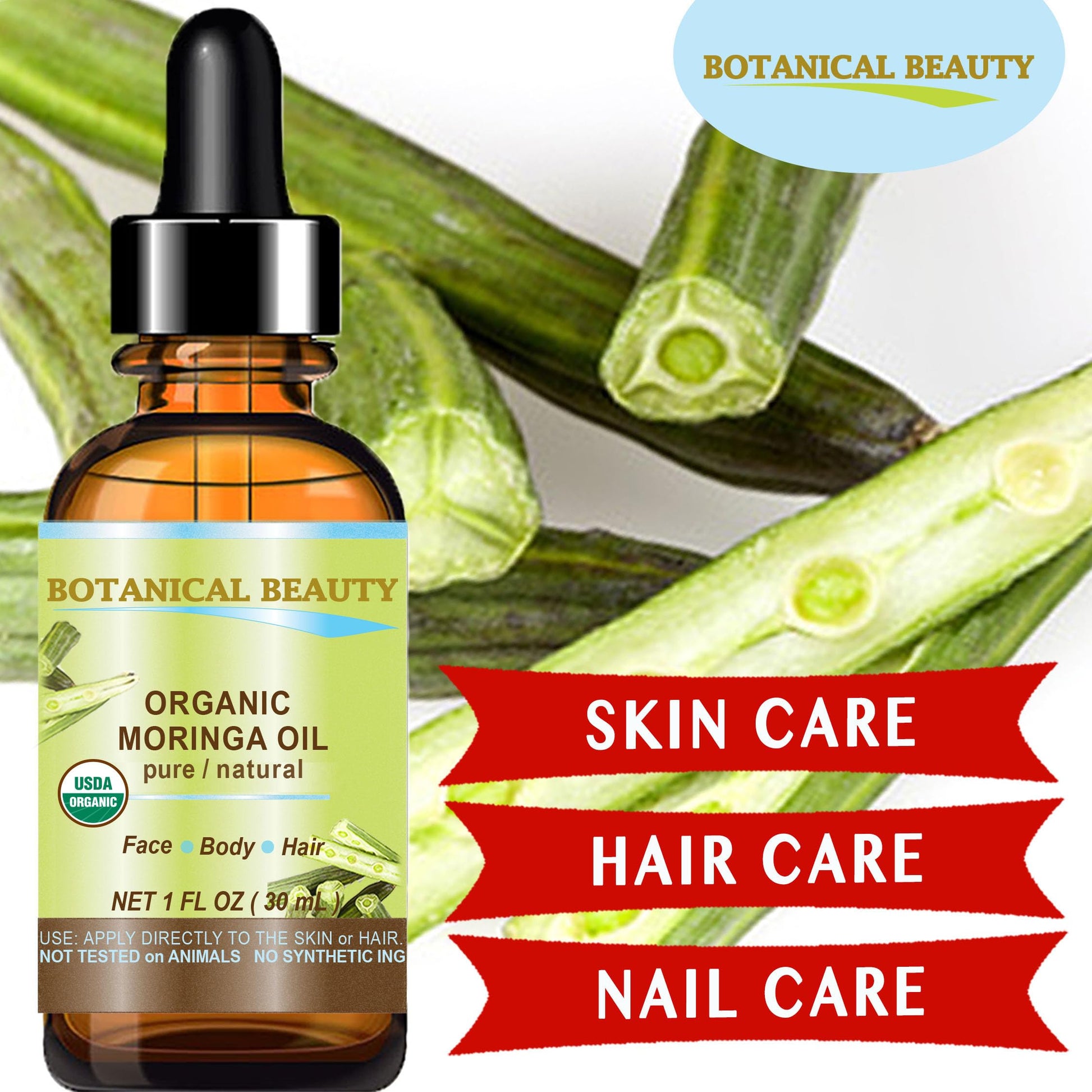 MORINGA OIL CERTIFIED ORGANIC. 100% Pure / Natural / Undiluted. 1 Fl.oz.- 30 ml. For Skin, Hair, Lip and Nail Care. by Botanical Beauty