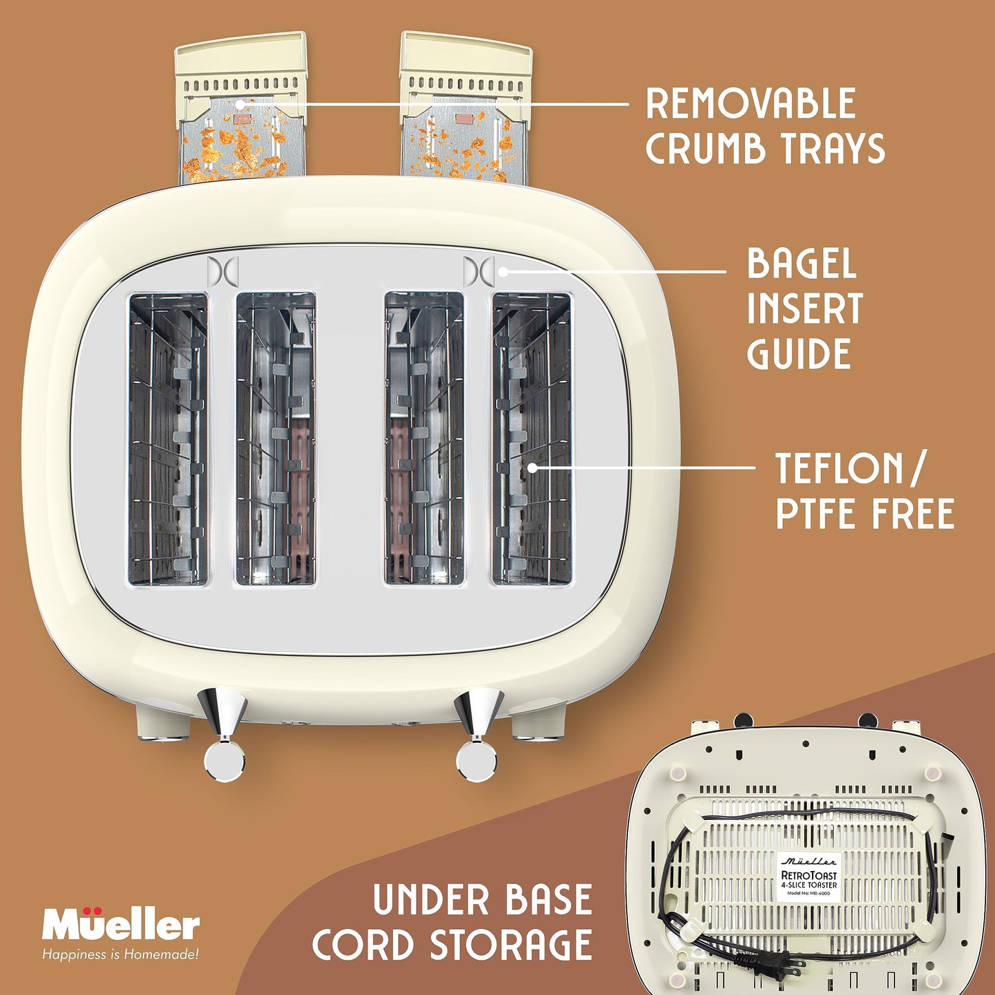 Mueller Retro Toaster 4 Slice with Extra Wide Slots Bagel, Defrost, and Cancel Function, 6 Browning Levels, Dual Independent Controls, Removable Crumb Tray and High Lift Levers, Pink